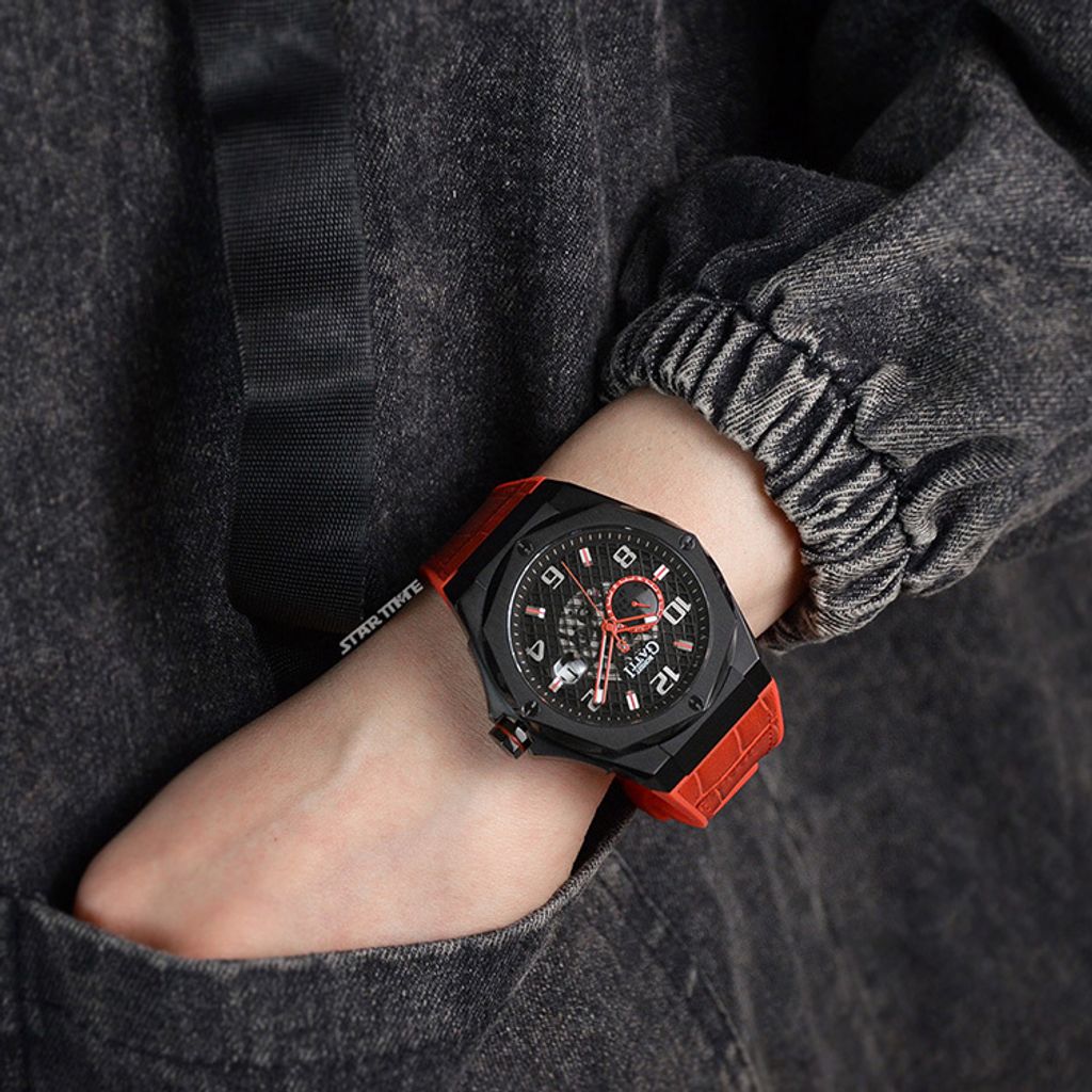 BONEST GATTI 布加迪 | 宇宙系列 BG8701-B3 | 紅色 黑框  皮革+橡膠錶帶 自動上鍊機械腕錶 45mm實戴展示