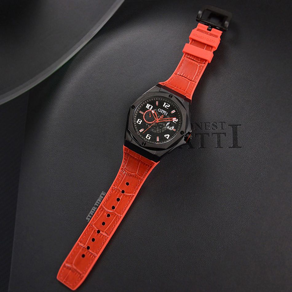 BONEST GATTI 布加迪 | 宇宙系列 BG8701-B3 | 紅色 黑框  皮革+橡膠錶帶 自動上鍊機械腕錶 45mm平攤展示