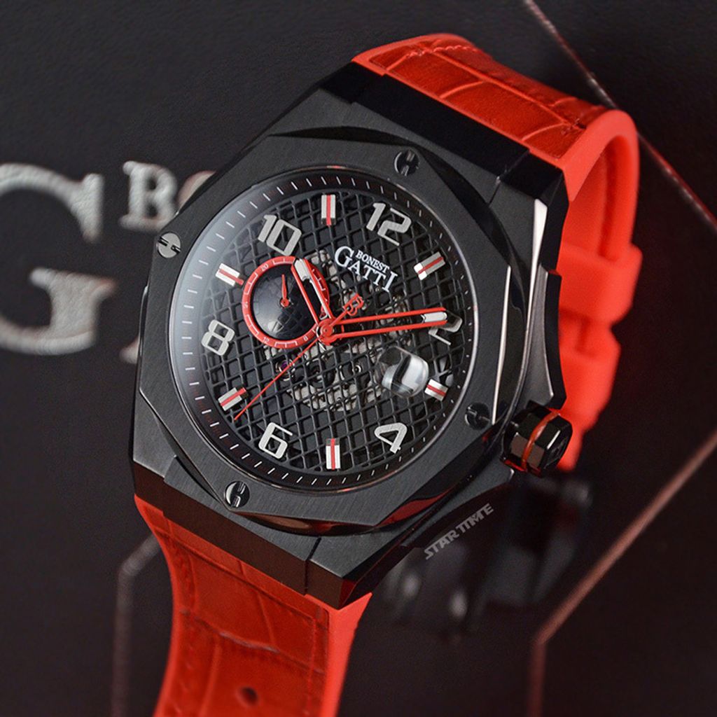 BONEST GATTI 布加迪 | 宇宙系列 BG8701-B3 | 紅色 黑框  皮革+橡膠錶帶 自動上鍊機械腕錶 45mm右側錶面細節