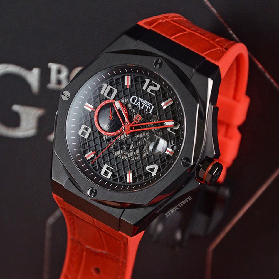 BONEST GATTI 布加迪 | 宇宙系列 BG8701-B3 | 紅色 黑框  皮革+橡膠錶帶 自動上鍊機械腕錶 45mm右側錶面細節