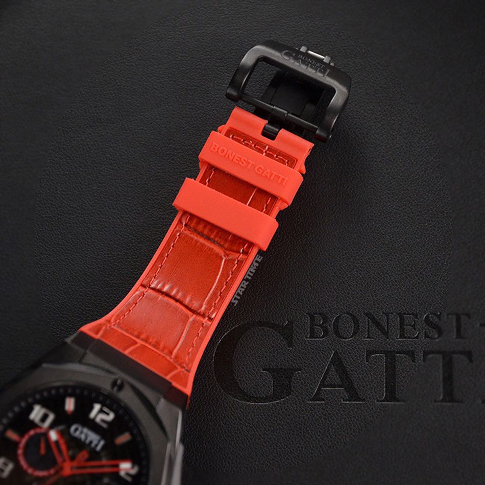 BONEST GATTI 布加迪 | 宇宙系列 BG8701-B3 | 紅色 黑框  皮革+橡膠錶帶 自動上鍊機械腕錶 45mm錶帶細節