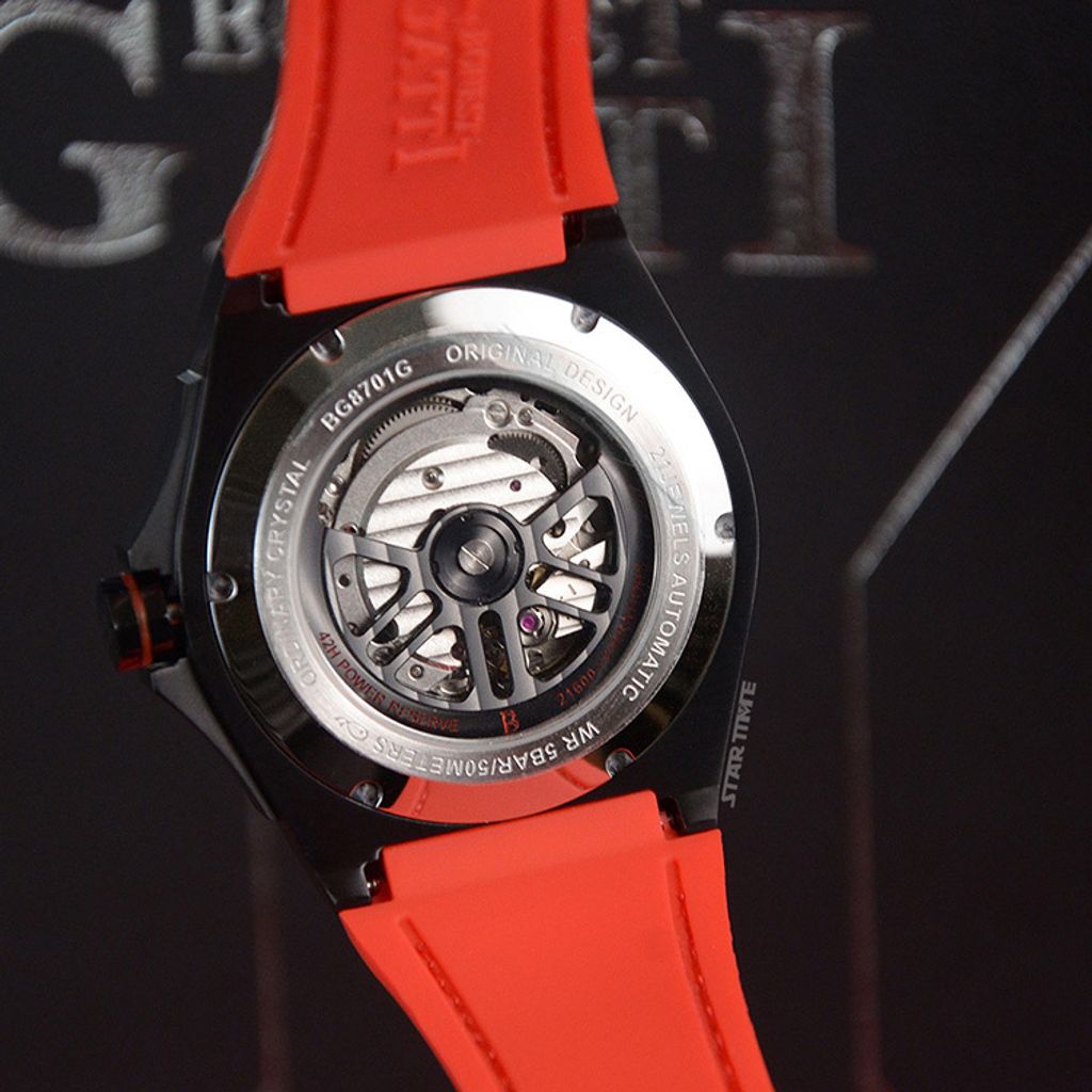 BONEST GATTI 布加迪 | 宇宙系列 BG8701-B3 | 紅色 黑框  皮革+橡膠錶帶 自動上鍊機械腕錶 45mm背面細節