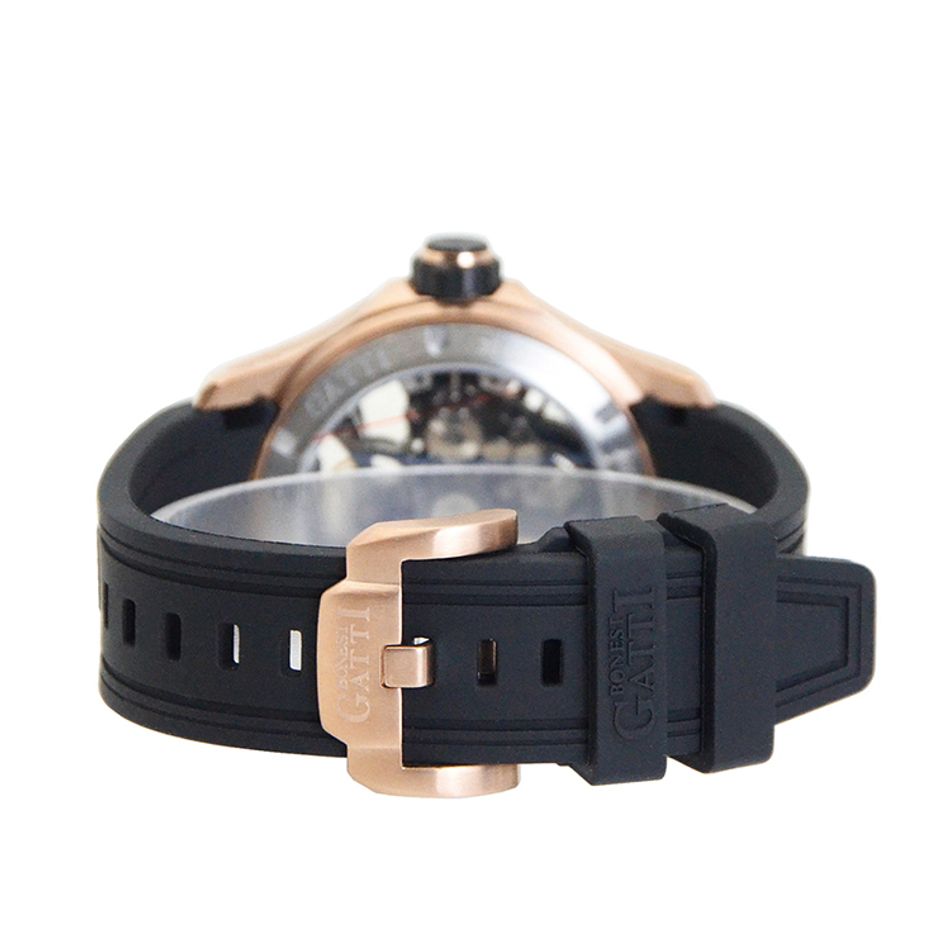 BONEST GATTI 布加迪 | 宇宙系列 BG5101-A2 | 玫瑰金 銀框 偏心顯示設計面盤 黑氟橡膠錶帶 機械腕錶 44mm背面
