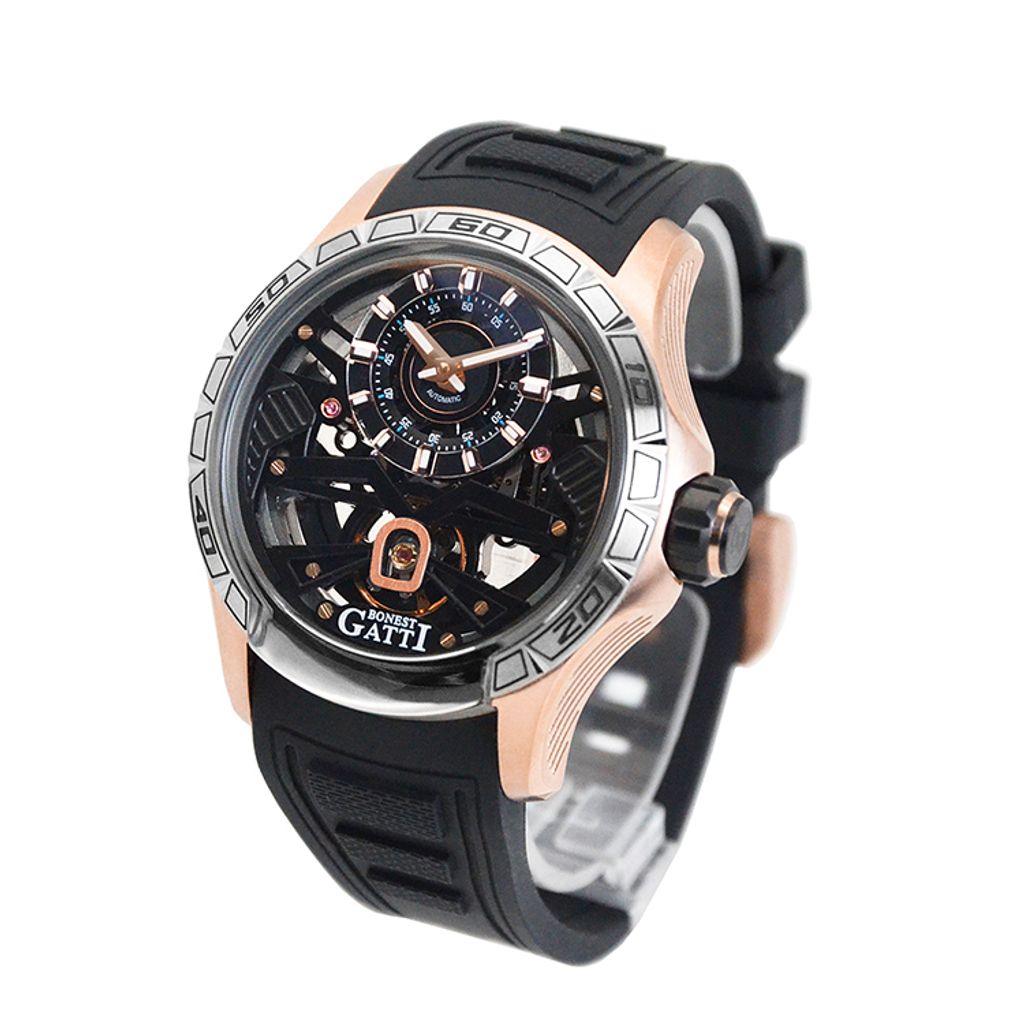 BONEST GATTI 布加迪 | 宇宙系列 BG5101-A2 | 玫瑰金 銀框 偏心顯示設計面盤 黑氟橡膠錶帶 機械腕錶 44mm側面