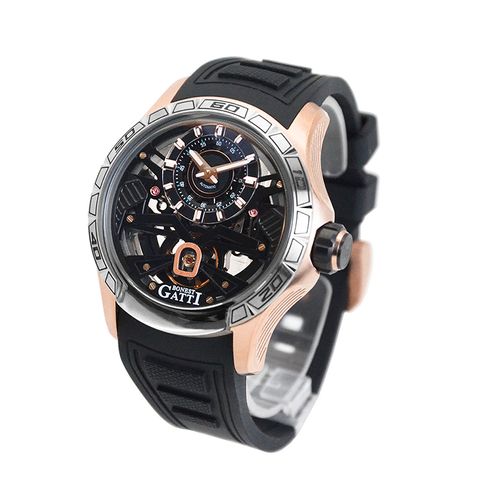 BONEST GATTI 布加迪 | 宇宙系列 BG5101-A2 | 玫瑰金 銀框 偏心顯示設計面盤 黑氟橡膠錶帶 機械腕錶 44mm側面