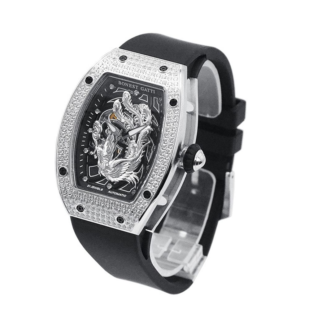 BONEST GATTI 布加迪 | 偉大傳奇系列 BG9910-A2 | 鳳凰晶鑽銀框款 鏤空酒桶造型 氟橡膠錶帶 自動上鍊機械腕錶 35mm側面