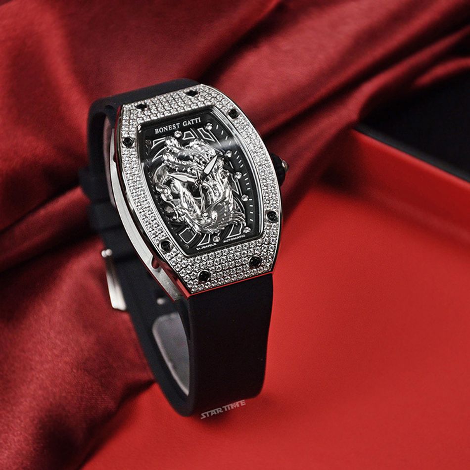 BONEST GATTI 布加迪 | 偉大傳奇系列 BG9910-A2 | 鳳凰晶鑽銀框款 鏤空酒桶造型 氟橡膠錶帶 自動上鍊機械腕錶 35mm左側展示