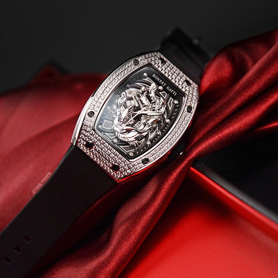 BONEST GATTI 布加迪 | 偉大傳奇系列 BG9910-A2 | 鳳凰晶鑽銀框款 鏤空酒桶造型 氟橡膠錶帶 自動上鍊機械腕錶 35mm錶面細節