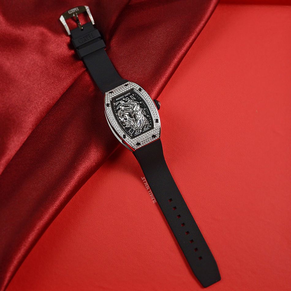 BONEST GATTI 布加迪 | 偉大傳奇系列 BG9910-A2 | 鳳凰晶鑽銀框款 鏤空酒桶造型 氟橡膠錶帶 自動上鍊機械腕錶 35mm平攤展示