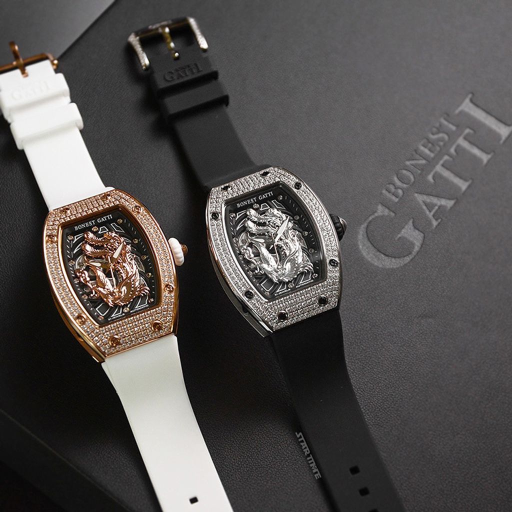 BONEST GATTI 布加迪 | 偉大傳奇系列 BG9910-A2 | 鳳凰晶鑽銀框款 鏤空酒桶造型 氟橡膠錶帶 自動上鍊機械腕錶 35mm系列圖
