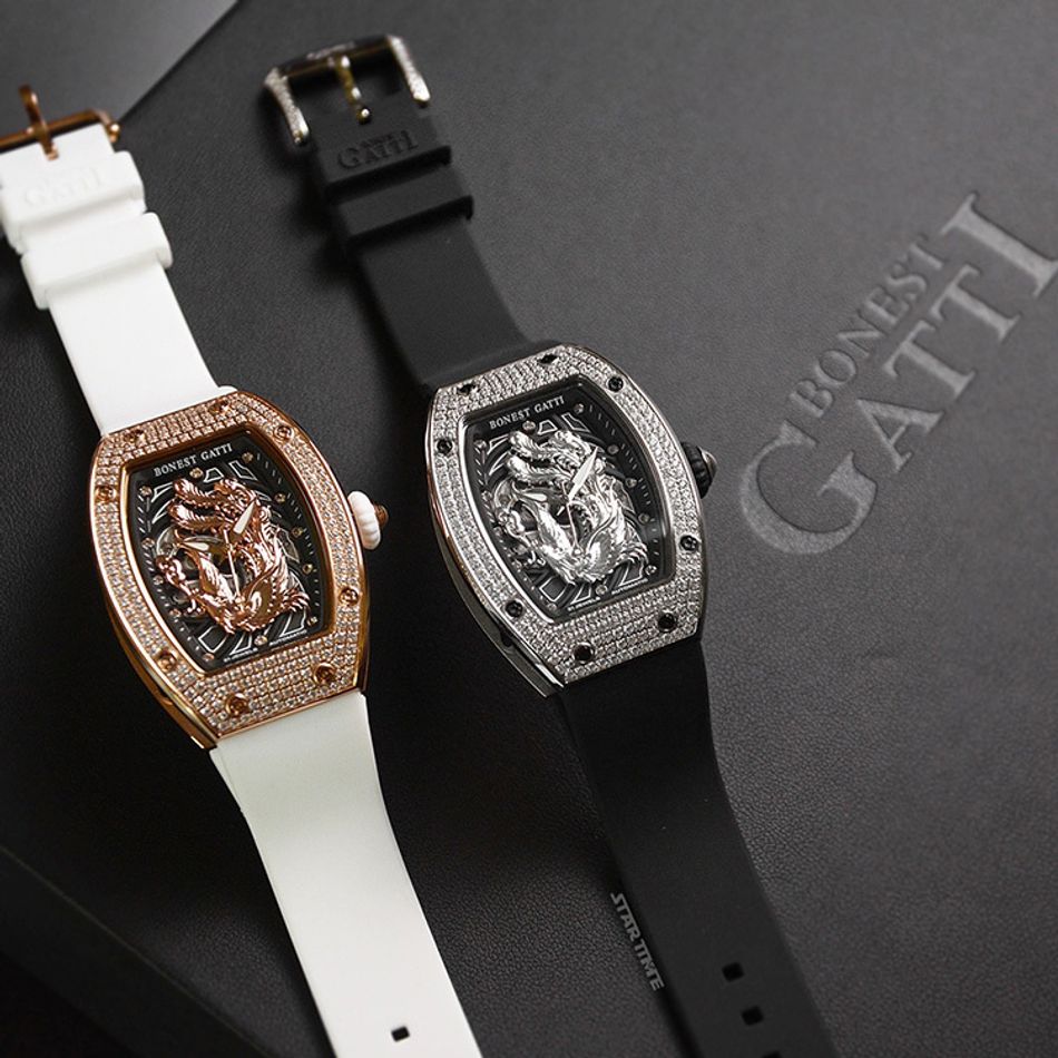 BONEST GATTI 布加迪 | 偉大傳奇系列 BG9910-A2 | 鳳凰晶鑽銀框款 鏤空酒桶造型 氟橡膠錶帶 自動上鍊機械腕錶 35mm系列圖