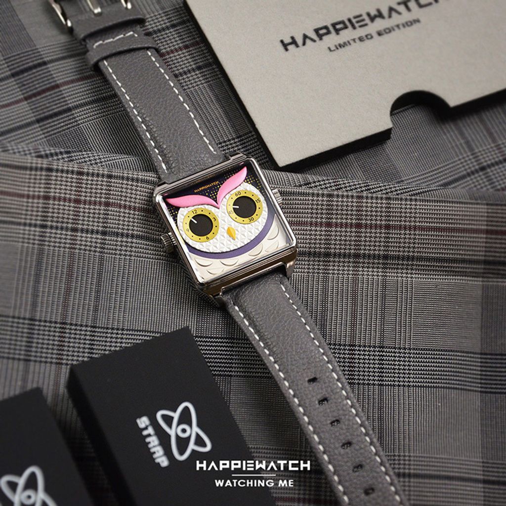 DSC_9236-1000-750HappieWatch｜設計師品牌 小怪獸腕錶 HN002FFYDV04ZH｜立體貓頭鷹 方形銀框 皮帶/矽膠手錶套組 36mm平攤展示