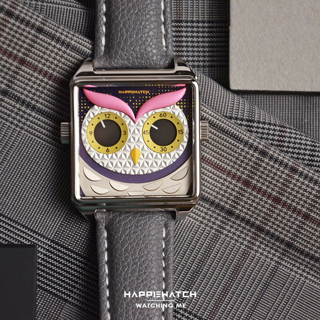HappieWatch｜設計師品牌 小怪獸腕錶 HN002FFYDV04ZH｜立體貓頭鷹 方形銀框 皮帶/矽膠手錶套組 36mm正面細節