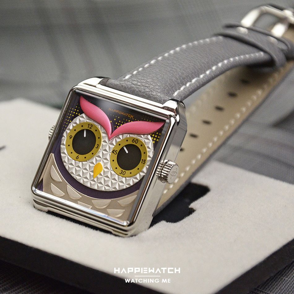 HappieWatch｜設計師品牌 小怪獸腕錶 HN002FFYDV04ZH｜立體貓頭鷹 方形銀框 皮帶/矽膠手錶套組 36mm右側細節