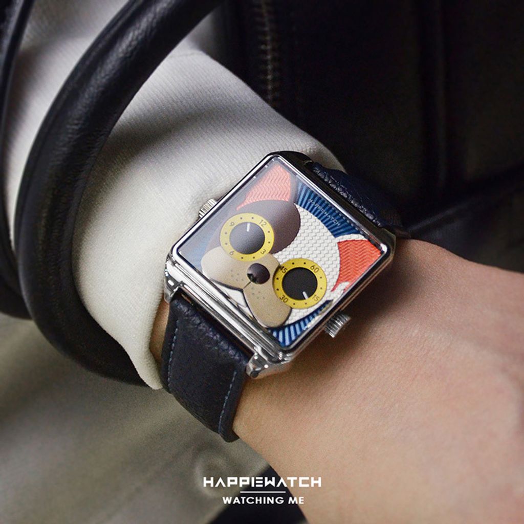 HappieWatch｜設計師品牌 小怪獸腕錶 HN104F2FDV06ZH｜立體法國鬥牛犬 方形銀框 皮帶/矽膠手錶套組 36mm實帶細節