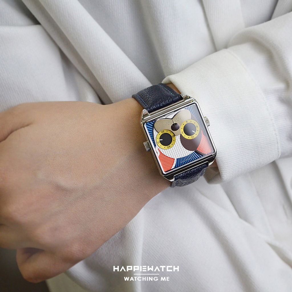 HappieWatch｜設計師品牌 小怪獸腕錶 HN104F2FDV06ZH｜立體法國鬥牛犬 方形銀框 皮帶/矽膠手錶套組 36mm實戴展示