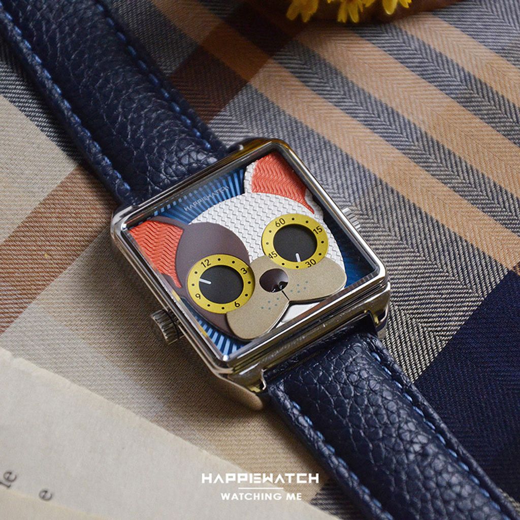 HappieWatch｜設計師品牌 小怪獸腕錶 HN104F2FDV06ZH｜立體法國鬥牛犬 方形銀框 皮帶/矽膠手錶套組 36mm右側細節