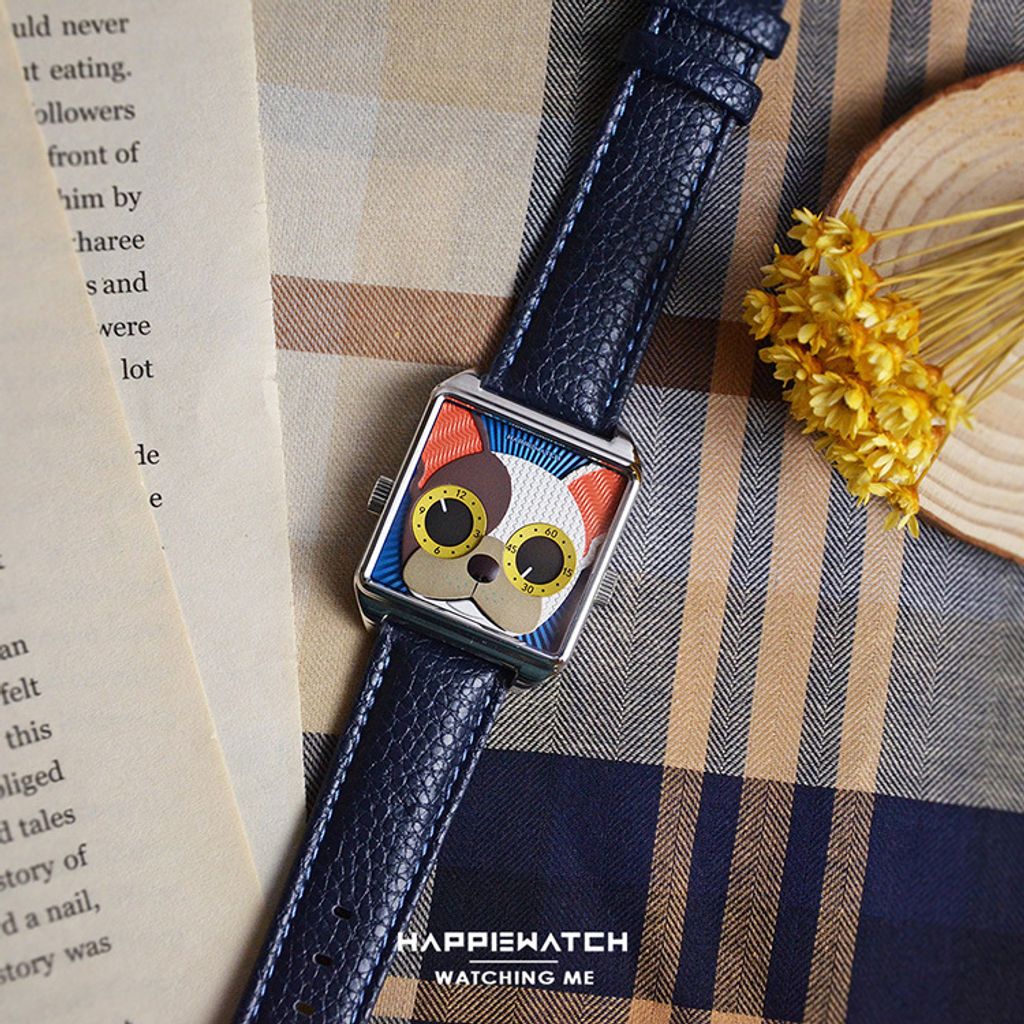 HappieWatch｜設計師品牌 小怪獸腕錶 HN104F2FDV06ZH｜立體法國鬥牛犬 方形銀框 皮帶/矽膠手錶套組 36mm平攤展示