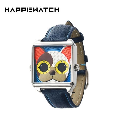HappieWatch｜設計師品牌 小怪獸腕錶 HN104F2FDV06ZH｜立體法國鬥牛犬 方形銀框 皮帶/矽膠手錶套組 36mm側面