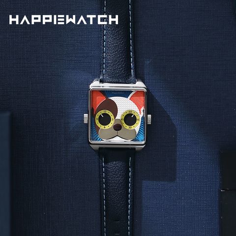HappieWatch｜設計師品牌 小怪獸腕錶 HN104F2FDV06ZH｜立體法國鬥牛犬 方形銀框 皮帶/矽膠手錶套組 36mm正面