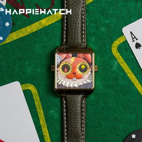 HappieWatch｜設計師品牌 小怪獸腕錶 CG36SPTZ｜立體愛麗絲兔 方形金框 皮帶/矽膠手錶套組 36mm 正面