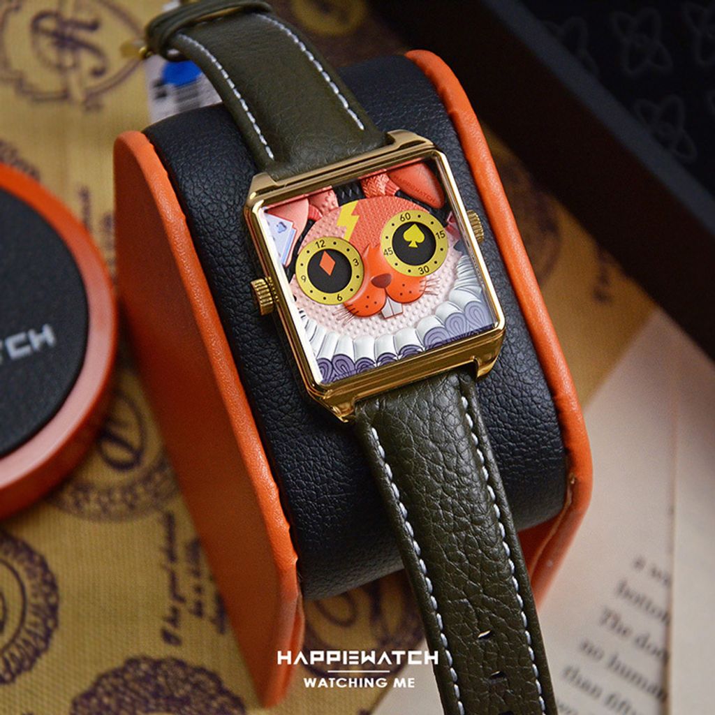 HappieWatch｜設計師品牌 小怪獸腕錶 CG36SPTZ｜立體愛麗絲兔 方形金框 皮帶/矽膠手錶套組 36mm 左側展示
