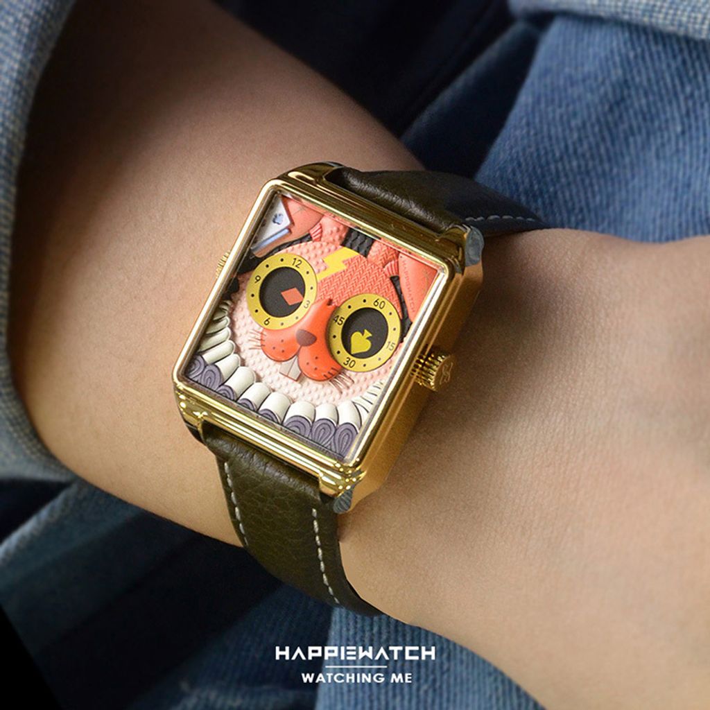 HappieWatch｜設計師品牌 小怪獸腕錶 CG36SPTZ｜立體愛麗絲兔 方形金框 皮帶/矽膠手錶套組 36mm實帶細節