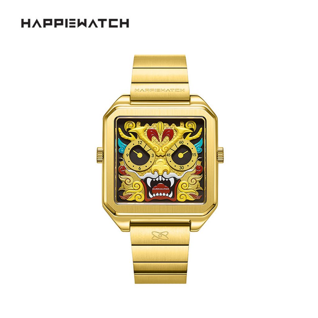 HappieWatch ｜設計師品牌 小怪獸腕錶 CEL41MGL｜立體金龍 方形金框 鋼帶/矽膠手錶套組 42mm正面