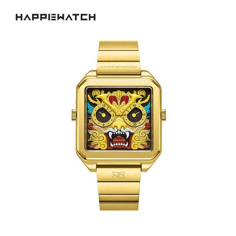 HappieWatch ｜設計師品牌 小怪獸腕錶 CEL41MGL｜立體金龍 方形金框 鋼帶/矽膠手錶套組 42mm正面