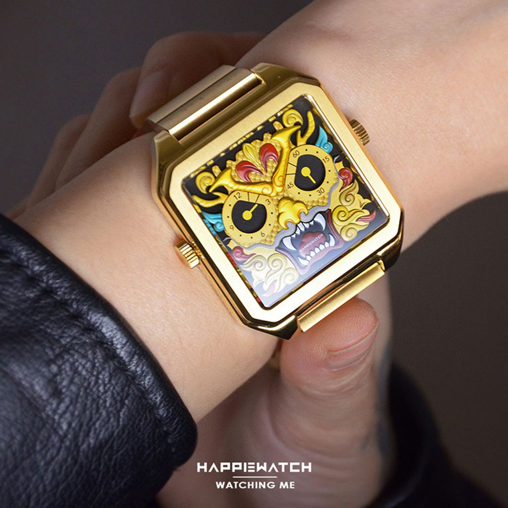 HappieWatch ｜設計師品牌 小怪獸腕錶 CEL41MGL｜立體金龍 方形金框 鋼帶/矽膠手錶套組 42mm實帶細節