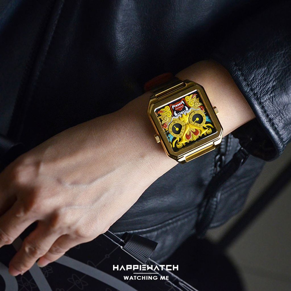 HappieWatch ｜設計師品牌 小怪獸腕錶 CEL41MGL｜立體金龍 方形金框 鋼帶/矽膠手錶套組 42mm實帶展示