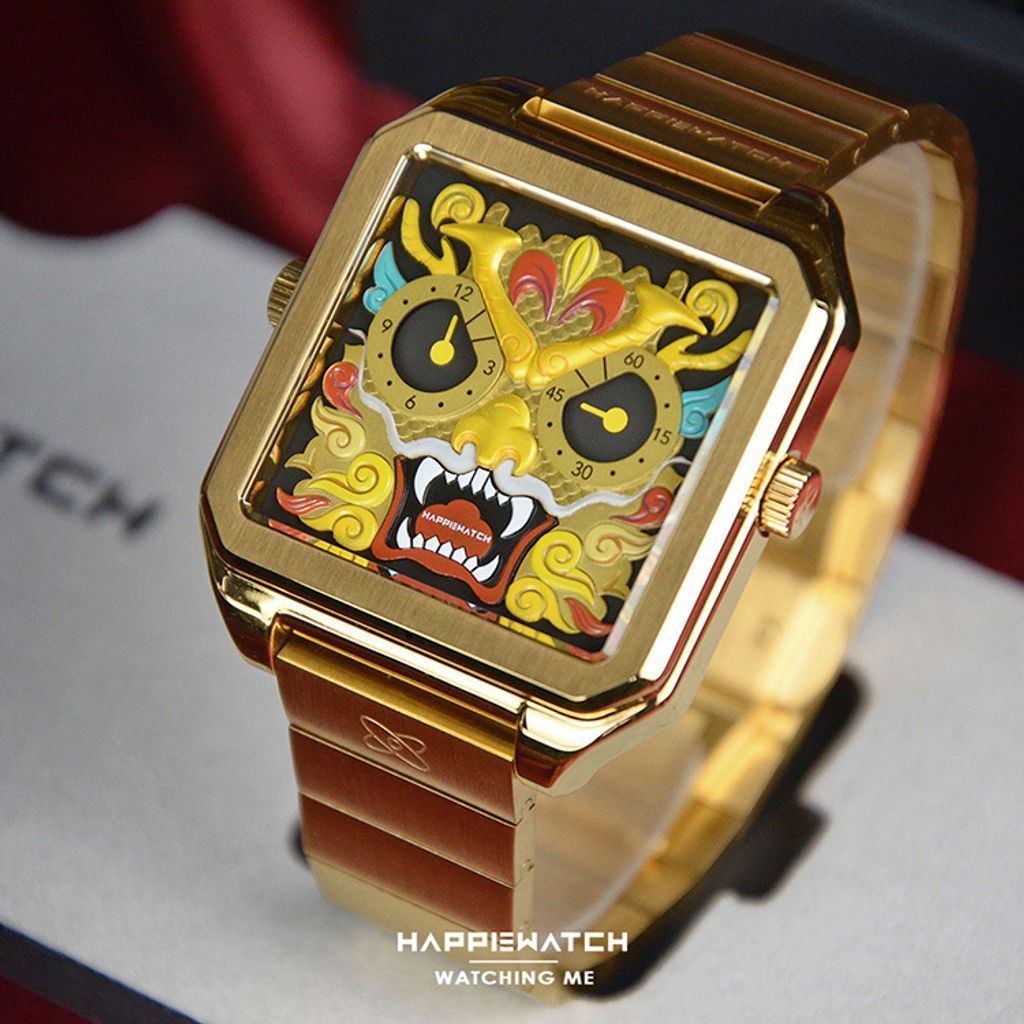 HappieWatch ｜設計師品牌 小怪獸腕錶 CEL41MGL｜立體金龍 方形金框 鋼帶/矽膠手錶套組 42mm右側展示