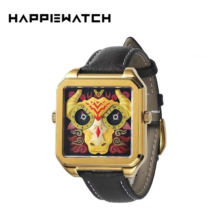 HappieWatch ｜設計師品牌 小怪獸腕錶 H104F3SNV03ZH｜立體金牛 方形金框 皮帶/矽膠手錶套組 42mm正面