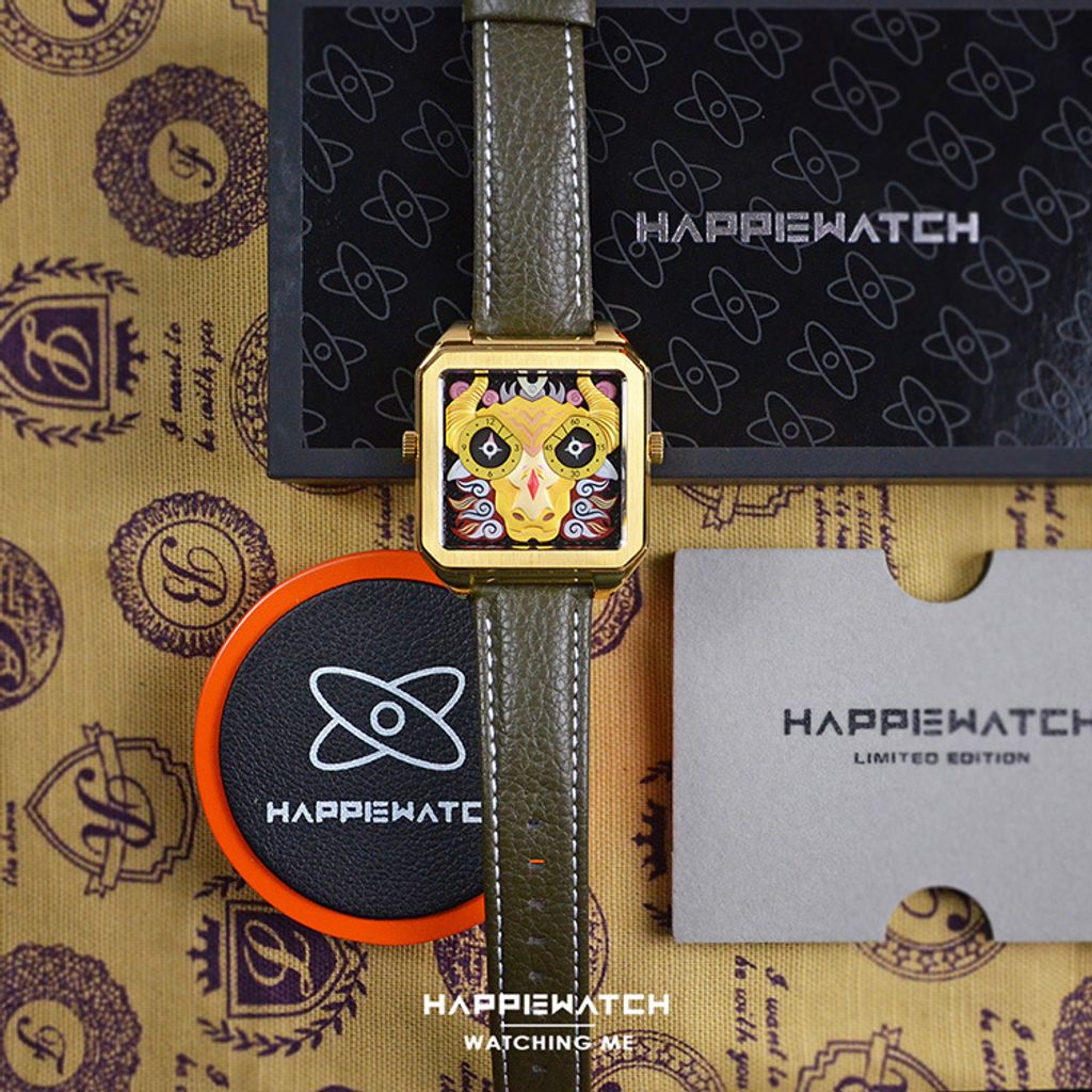 HappieWatch ｜設計師品牌 小怪獸腕錶 H104F3SNV03ZH｜立體金牛 方形金框 皮帶/矽膠手錶套組 42mm平攤展示