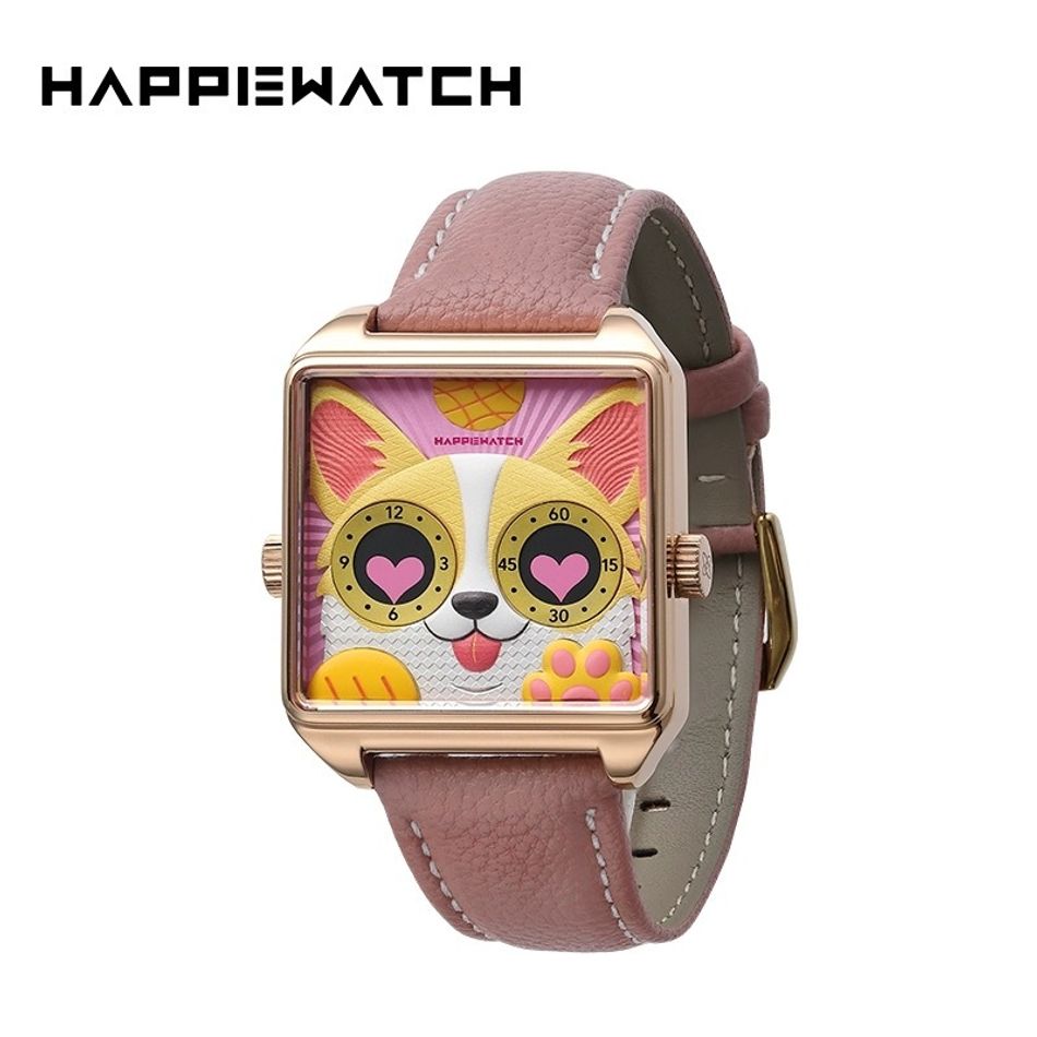 HappieWatch ｜設計師品牌 小怪獸腕錶 H107F2KJV13ZH｜立體粉色柯基犬 方形銀框 皮帶/矽膠手錶套組 36mm側面