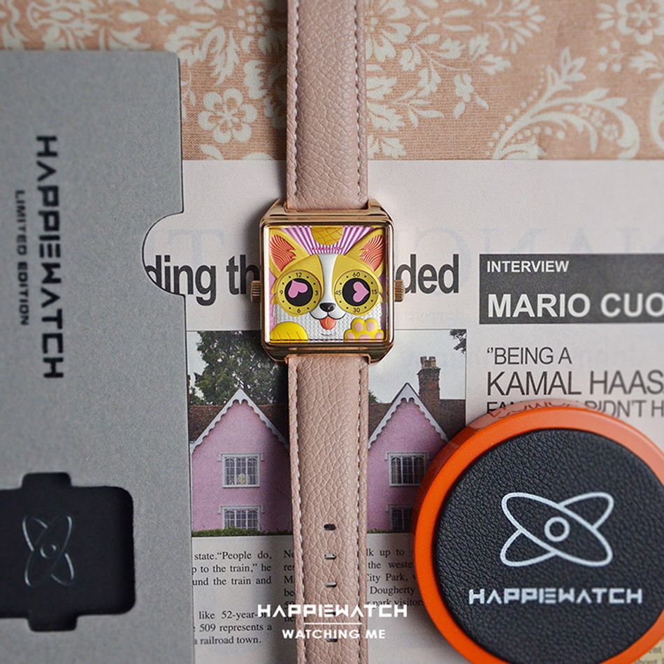 HappieWatch ｜設計師品牌 小怪獸腕錶 H107F2KJV13ZH｜立體粉色柯基犬 方形銀框 皮帶/矽膠手錶套組 36mm平攤展示