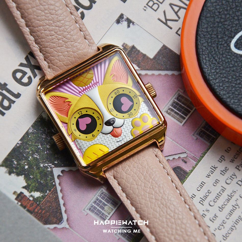 HappieWatch ｜設計師品牌 小怪獸腕錶 H107F2KJV13ZH｜立體粉色柯基犬 方形銀框 皮帶/矽膠手錶套組 36mm左側展示