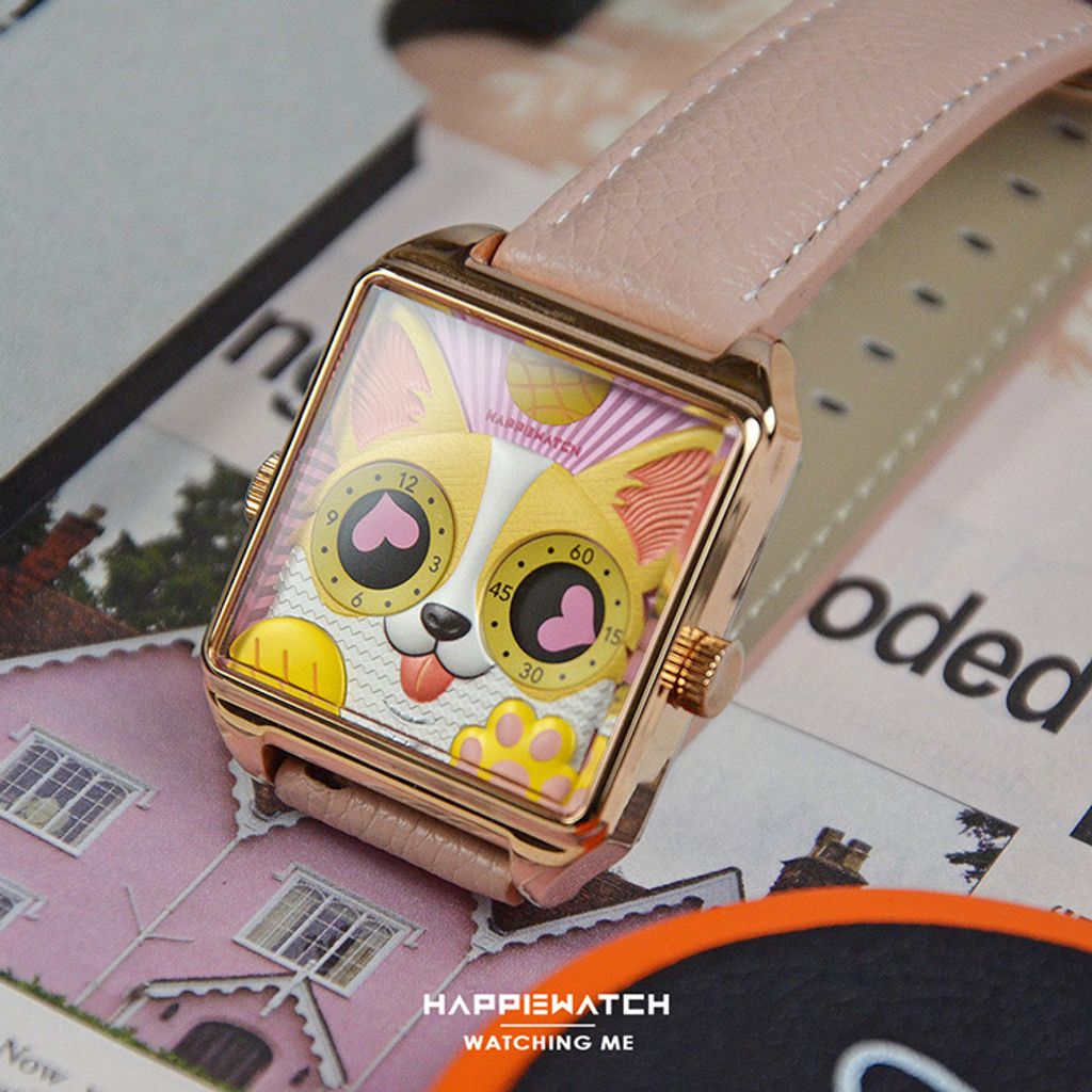 HappieWatch ｜設計師品牌 小怪獸腕錶 H107F2KJV13ZH｜立體粉色柯基犬 方形銀框 皮帶/矽膠手錶套組 36mm右側細節展示
