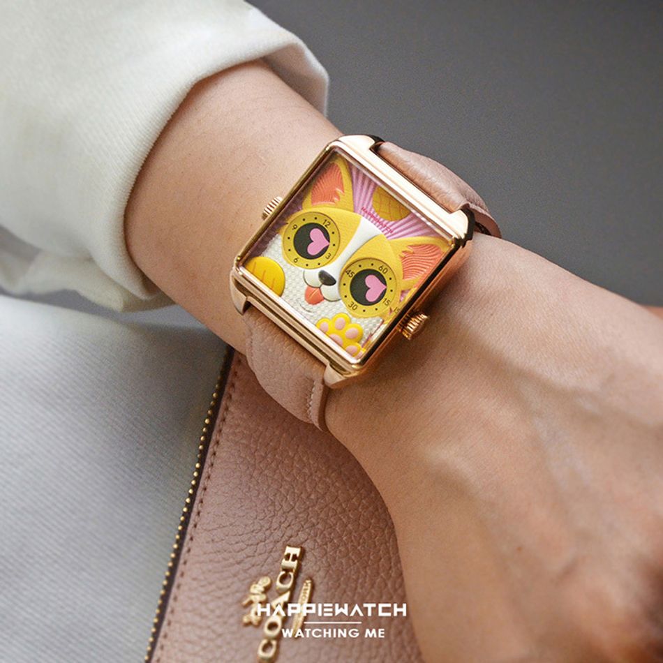 HappieWatch ｜設計師品牌 小怪獸腕錶 H107F2KJV13ZH｜立體粉色柯基犬 方形銀框 皮帶/矽膠手錶套組 36mm實戴展示