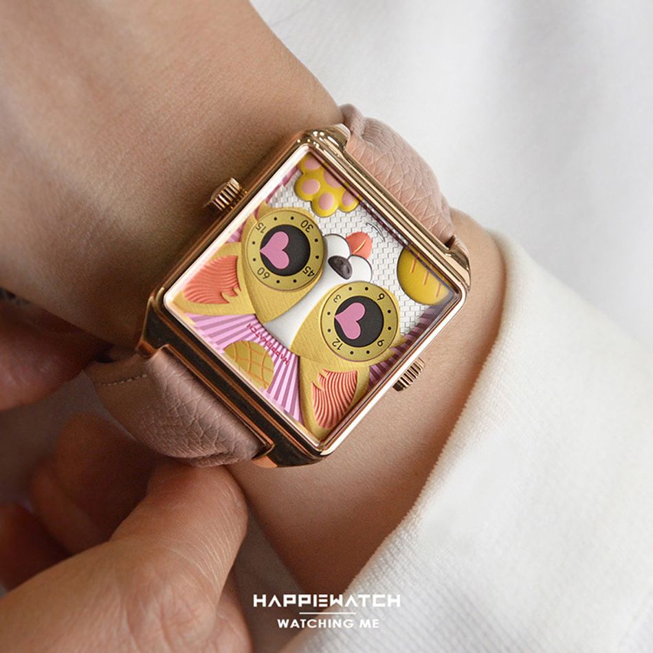 HappieWatch ｜設計師品牌 小怪獸腕錶 H107F2KJV13ZH｜立體粉色柯基犬 方形銀框 皮帶/矽膠手錶套組 36mm實戴