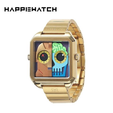 HappieWatch ｜設計師品牌 小怪獸腕錶 HN104F3JXM02ZH｜立體機械體 方形金框 鋼帶/矽膠手錶套組 42mm正面
