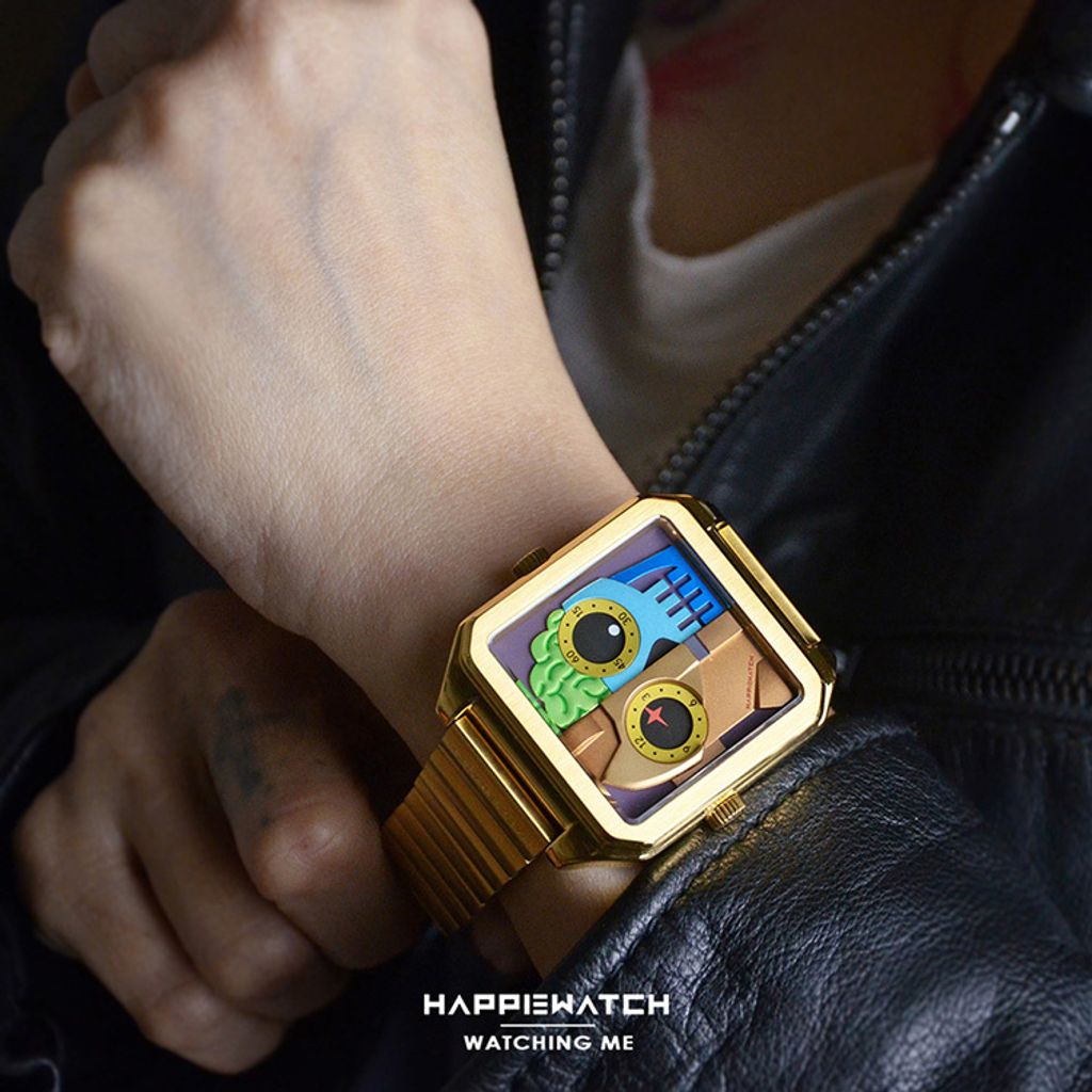 HappieWatch ｜設計師品牌 小怪獸腕錶 HN104F3JXM02ZH｜立體機械體 方形金框 鋼帶/矽膠手錶套組 42mm實帶細節