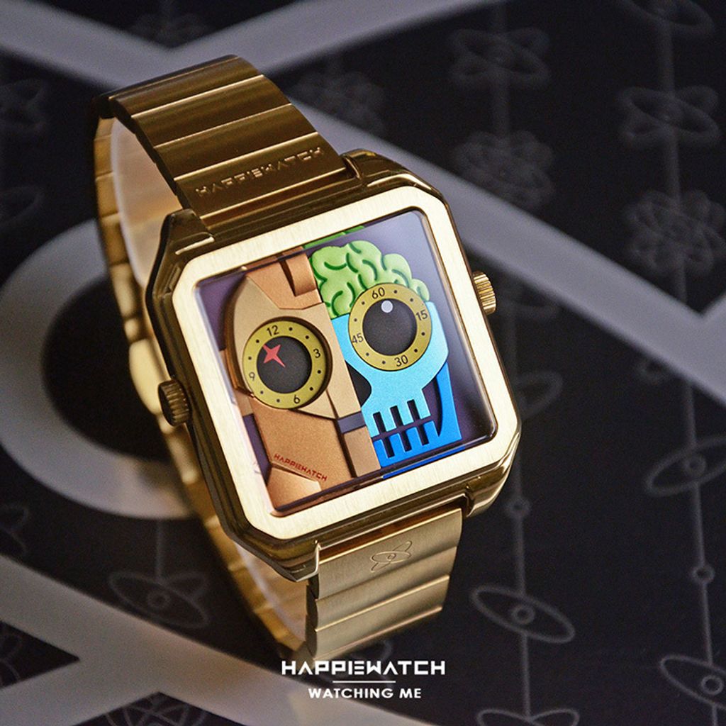 HappieWatch ｜設計師品牌 小怪獸腕錶 HN104F3JXM02ZH｜立體機械體 方形金框 鋼帶/矽膠手錶套組 42mm側面展示