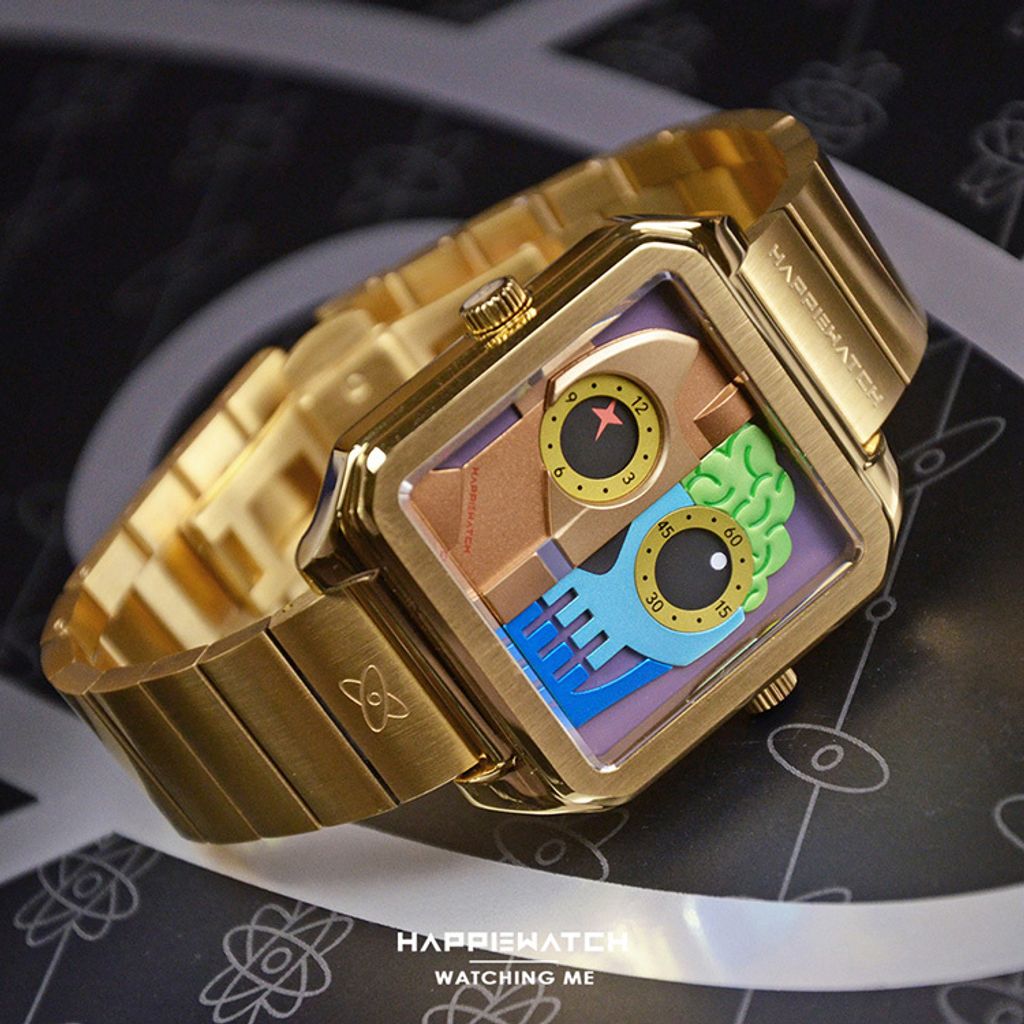 HappieWatch ｜設計師品牌 小怪獸腕錶 HN104F3JXM02ZH｜立體機械體 方形金框 鋼帶/矽膠手錶套組 42mm錶面展示