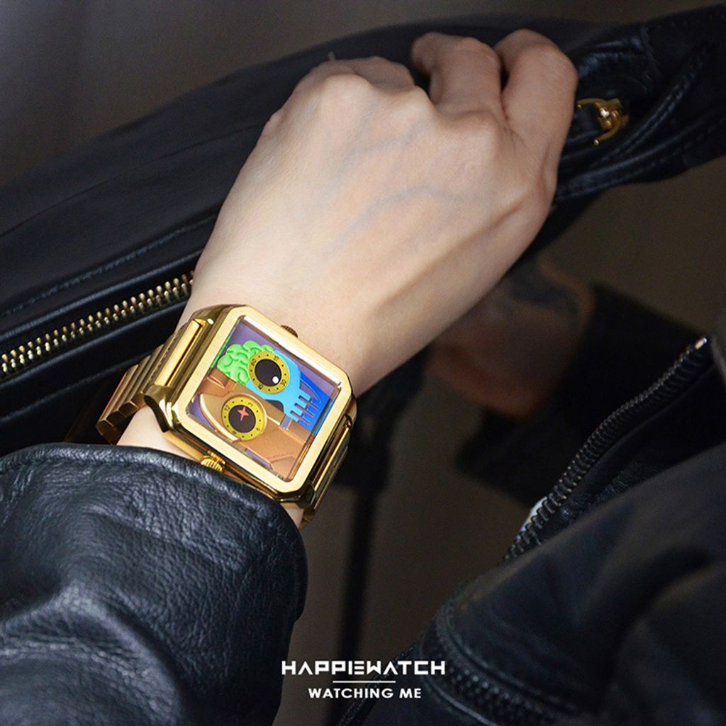 HappieWatch ｜設計師品牌 小怪獸腕錶 HN104F3JXM02ZH｜立體機械體 方形金框 鋼帶/矽膠手錶套組 42mm實戴展示