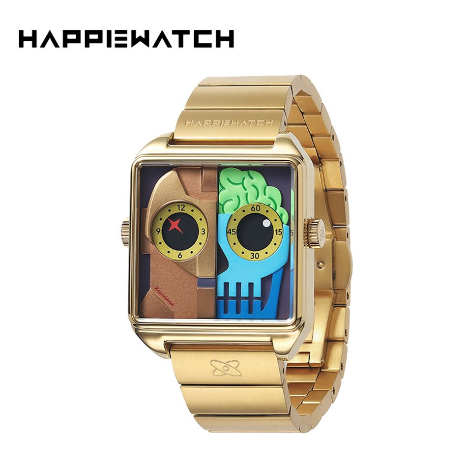 Copy - HappieWatch ｜設計師品牌 小怪獸腕錶 HN104F2JXM02ZH｜立體機械體 方形金框 鋼帶/矽膠手錶套組 36mm 側面