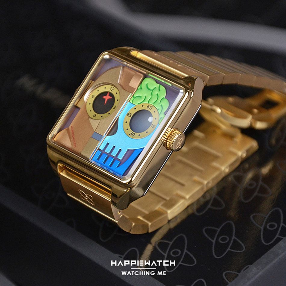 Copy - HappieWatch ｜設計師品牌 小怪獸腕錶 HN104F2JXM02ZH｜立體機械體 方形金框 鋼帶/矽膠手錶套組 36mm右側錶戴細節