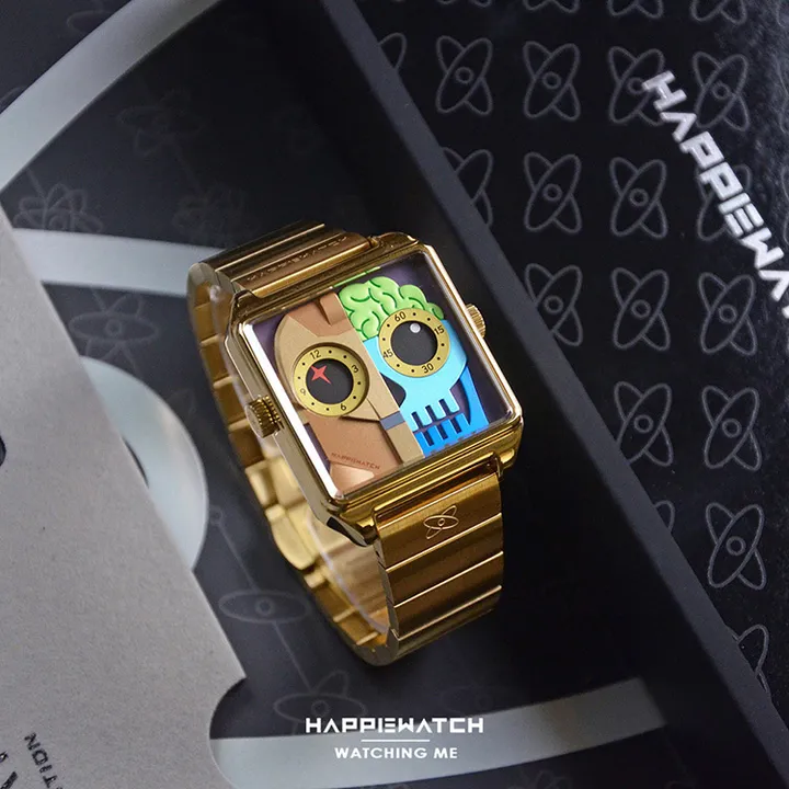 Copy - HappieWatch ｜設計師品牌 小怪獸腕錶 HN104F2JXM02ZH｜立體機械體 方形金框 鋼帶/矽膠手錶套組 36mm側面展示