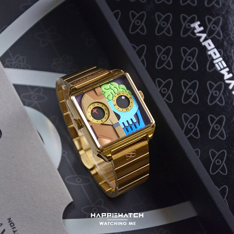 Copy - HappieWatch ｜設計師品牌 小怪獸腕錶 HN104F2JXM02ZH｜立體機械體 方形金框 鋼帶/矽膠手錶套組 36mm側面展示