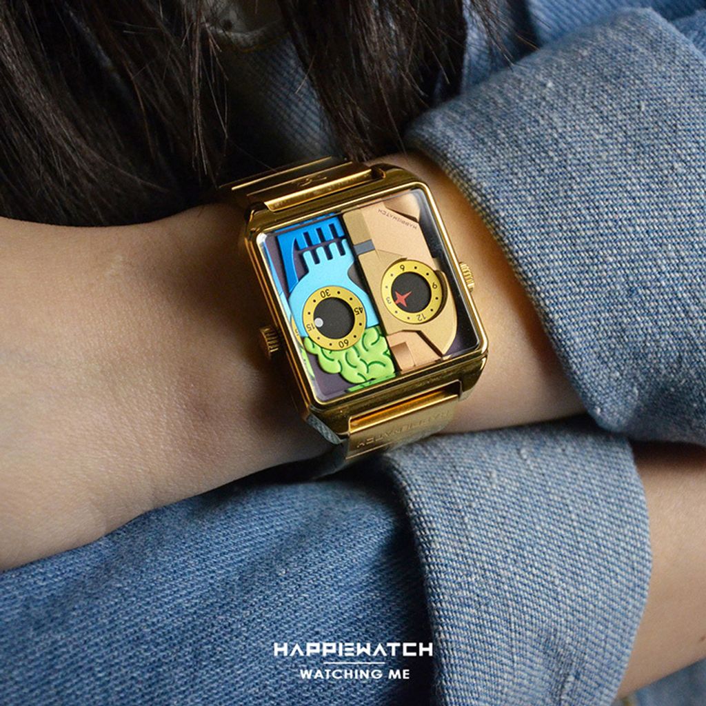 Copy - HappieWatch ｜設計師品牌 小怪獸腕錶 HN104F2JXM02ZH｜立體機械體 方形金框 鋼帶/矽膠手錶套組 36mm實戴展示